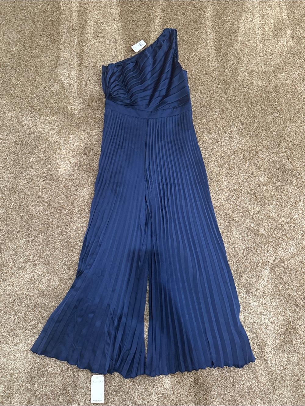 Abercrombie & Fitch Navy One-Shoulder Pleated Wide-Leg Jumpsuit